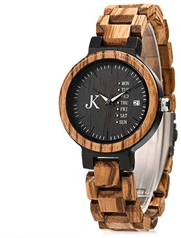 KIM JOHANSON® Holz-Edelstahl Armbanduhr *Week* für Damen und Herren | Mit Datum- & Tagesanzeige | Handgefertigt | Quarz | Analog Uhr | Vegan | Geschenk | Silber | Verstellbares Armband | Inkl Uhrenbox