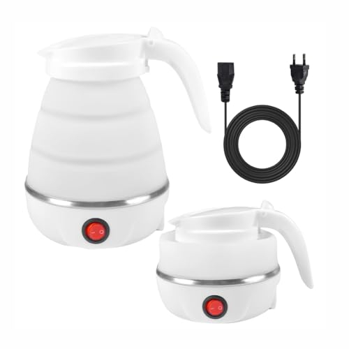 Wffeila Bouilloire Électrique Pliable en Silicone Blanc,Bouilloire Électrique 600 ml,Portable Bouilloire de Voyage,Mini Pliable Bouilloire avec Fond en Acier Inoxydable pour Camping,Voyages,Vacances
