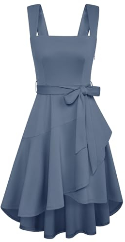 Damen Knie A-Linie Party Plissee Kleid mittelalterlicher Swing Cocktail Abendkleider Blaugrau XXL