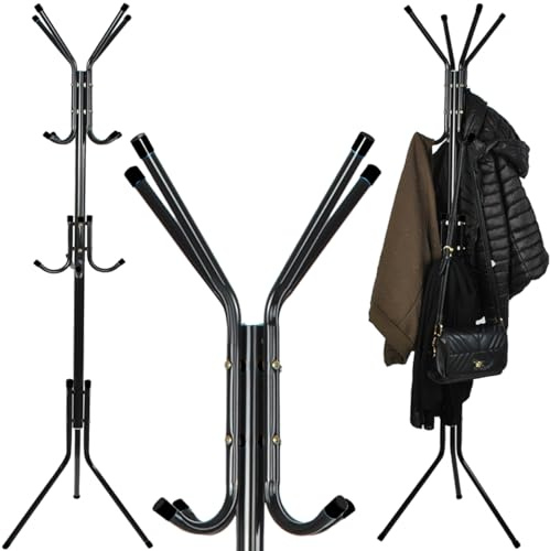 Ruhhy Garderobenständer 12 Haken 3 Ebenen 175cm Kleiderständer für Jacken Mäntel Schals Taschen Hüte Metall Schwarz/Weiß 23814, Farbe:Schwarz/Black