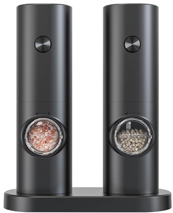 Electric Salt and Pepper Grinder Set, RIGHTWELL 2 PCS Adjustable Coarseness Pepper Grinder Mill with Storage Base and LED Light, Automatic Ceramic Core Salt Grinder for for Kitchen, BBQ, Camping,70ml