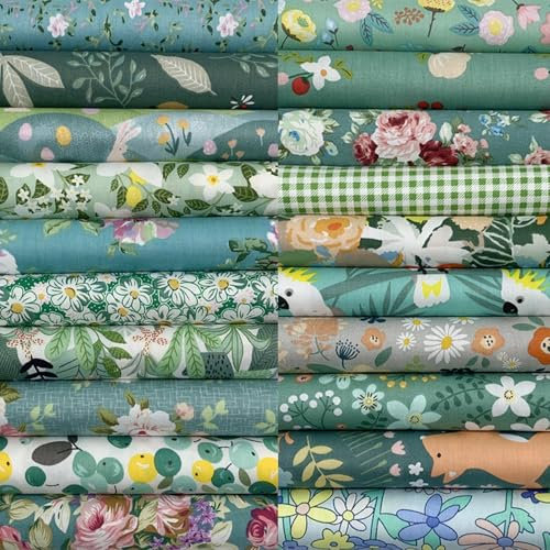 EDGEAM 20 piezas Telas Patchwork de Algodón 25x25 cm Patrón de Flores Cuadrada Telas Decorativas Costura Retales Tela (Verde)