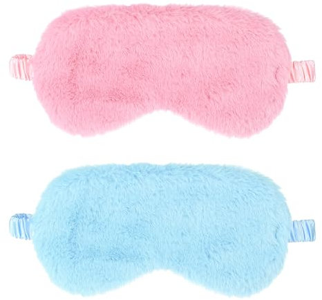 Plüsch Augenmaske, 2 Stück Weiche Schlaf Augenbinde Augenabdeckung Bequem Pelziges Kunstfell Schlafmaske Satin Nickerchen Nacht Augenschutz Abdeckung für Damen Und Herren Geschenk (Blau, Rosa)