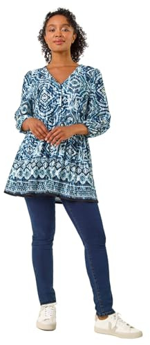 Roman Originals Smock Tunic Top for Women UK - Ladies Everyday Autumn Winter V-Neckline Comfy Soft Evening Vacation Work Party Night Out - Blue Cream - Size 10