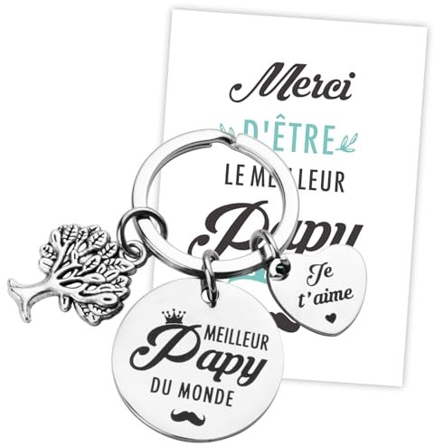 Kit Cadeau de Papy Porte-clé Meilleur du Monde Cœur Arbre de Vie Pendentif Porte-clef Grand-père et Carte de Vœux avec Enveloppe pour Fête Noël Ajouts de l'Avent Anniversaire Fête des Pères