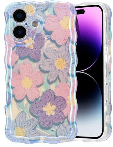 EYZUTAK Case for iPhone 16, Colorful Retro Oil Painting Flower Laser Glossy Pattern Cute Curly Wave Edge Exquisite Phone Cover Stylish Durable TPU Protective Case for Girls Women - Pink Purple