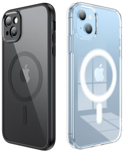 Anloes Magnétique Coque pour iPhone 13 Compatible avec MagSafe, [2 Pièces] Protection Antichoc Militaire Etui Anti Rayures Transparente Arrière Housse Case pour iPhone 13 (Noir et Transparente)