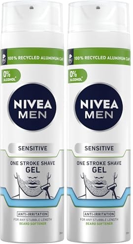 NIVEA MEN Sensitive One Stroke Shaving Gel (200ml) With Chamomile Extract + Vitamin E, Beard Softener for Men, Pack of 2