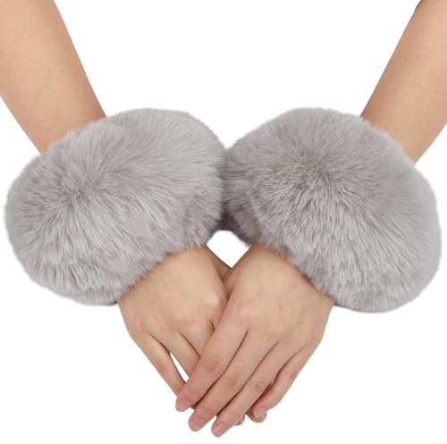 CABODYALS Graue Kunstpelzmanschette Pelzige Armstulpen Flauschige Manschetten Kurze Handgelenke Winter Armwärmer Plüsch Flauschige Überärmel Armhandschuhe Armbandärmel Für Frauen Armband Partykostüme