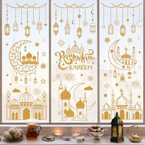 Edonkvi 162 Stücke Ramadan Fensteraufkleber, Eid Mubarak Stickers Fensterdeko, Ramadan Kareem Aufkleber Fenster Deko, Ramazan Fensterbilder Selbstklebend Al-Fitr Dekoration für Islam Muslim Halbmond