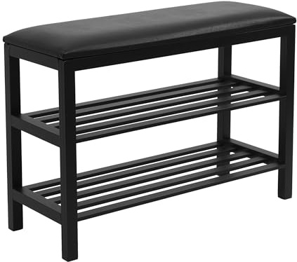 FRAMADO - Schuhbank mit Sitzfläche - Schuhregal mit Sitzbank - 75 x 30 x 55 cm - aus Metall, 2 Ablagen, ohne Montage - Sitzbank Flur POSTO2 Schwarz mit Sitz Kunstleder Schwarz, Metallprofil 30 mm