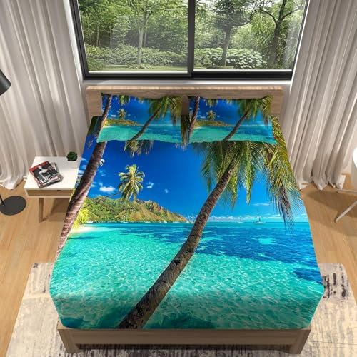 Spannbettlaken 140x200 Kokosnussbaum Spannbetttuch 140x200 Hawaii Weiche Mikrofaser Spannbetttücher Tiefe Tasche 30cm Mit 2 Kissenbezügen 80x80, G550