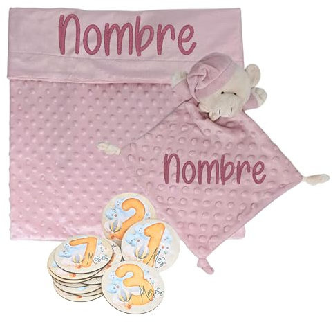 Mababyshop- Set Manta y Dou Dou Burbujas Personalizado y Placas Cumplemes de Madera - Regalo Bordado para Recién Nacido - Regalo para Baby Shower, Bautizo (Maquillaje Kids)