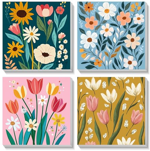 Bowetile 4 Stück Blume Malen Nach Zahlen Kinder ab Adults Jahre Mädchen mit Rahmen, Malen Nach Zahlen Kinder, Diy Gemäide Bastelset auf Leinwand mit Pinseln und Acrylpigment für Home Décor, 20x20cm