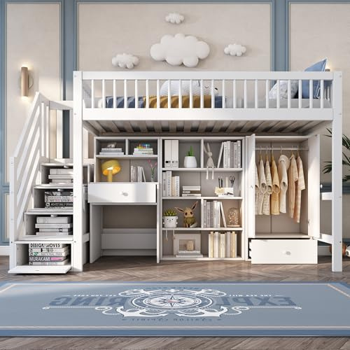ANIROY Kids Loft Bed with Desk & Wardrobe, High Sleeper Cabin Bed with Storage & Stairs & Lockers, Multifunctional Children's Single Bed Frame, 90x200cm, No Mattress, White