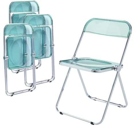 [en.casa] Klappstuhl Pornainen 4er Set Stuhl klappbar Esszimmerstühle 74 x 46 x 47 cm Schreibtischstuhl Belastbarkeit 120 kg Küchenstühle Metallgestell Mintgrün, transparent