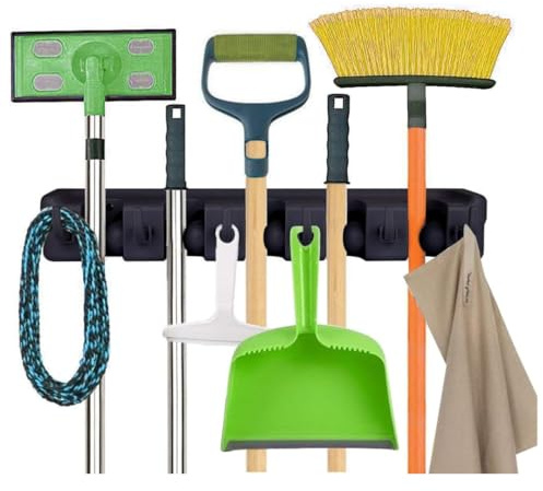 PARENCE.- Support Mural Porte-Balais et Outils – Râtelier de Rangement 5 Emplacements Automatiques + 6 Crochets Pliants | Organisateur Mural Garage