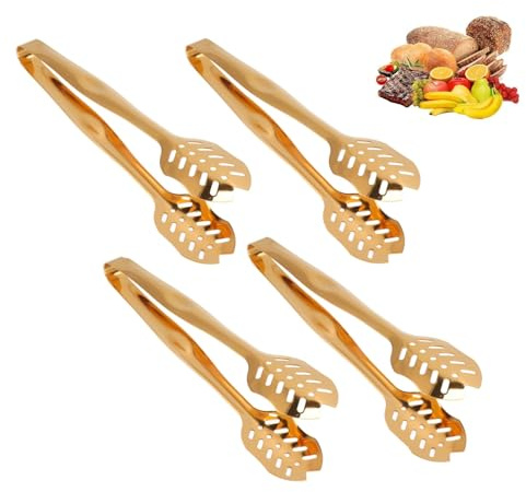 Tissting 4 Pcs Servierzange Küchenzange 25cm Lange 304 Edelstahl Gebäckzange Zuckerzange Lebensmittel Kochzange Salatzange Grillzange für Hochzeit Party Bar Büfett Grill Picknick Gold Blätter