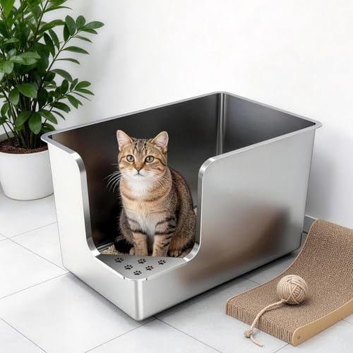 PTLOM Stainless Steel Cat Litter Tray 30cm High-Side, Metal Cat Litter Box, Corner Opening Entry,Cat Litter Pan with Wheels, Easy to Move, Non-Stick, No Odor, for Big or Multiple Cats 57.8x37.8x30cm