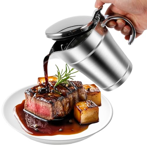 Thermo Sauciere 450ml Edelstahl Sauciere Pfanne Doppelwandigem Isolierter Saucenkrug mit Klapp-Deckel Henkel Soßenkanne Thermo für Soßen Salatdressings Brühe (Silber)