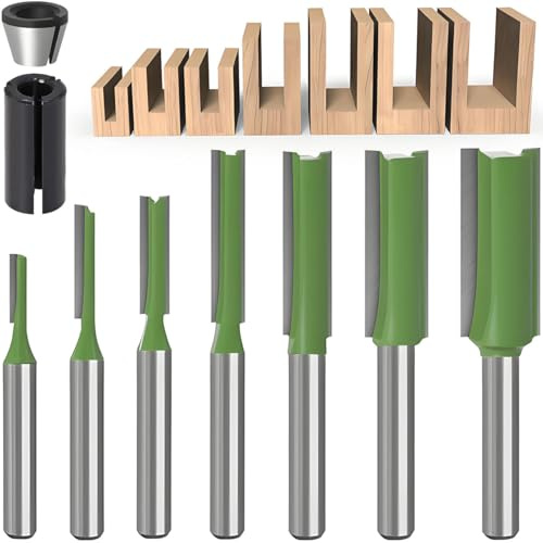 EATBALE 7 Pieces Double Flute Straight Router Bit Set(1/8, 5/32, 3/16, 1/4, 5/16, 3/8, 1/2) 1/4-Inch Shank Flush Trim Pattern Bit Tungsten Carbide Trimming Milling Cutter Woodworking Tools