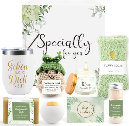 Geschenke für Frauen, Geburtstagsgeschenk für Frauen, Wellness Geschenkset | Entspannung Geschenke für Frau, Beste Freundin, Mama, Schwester, Geschenkset mit Thermobecher Socken Seife Badesalz Gehäkelte