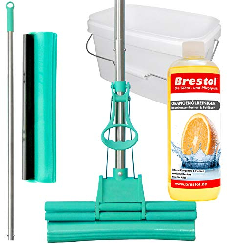Green Mop Set 30-03 - Mopa verde de 30 cm + mango + esponja de repuesto + cubo de 10 litros en color blanco + limpiador de aceite de naranja concentrado de 1000 ml - Fregona doble absorbente de PVA