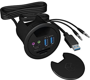ICY BOX IB-Hub1404A Tisch-Hub (60 mm) zum Einbau, 3x USB 3.0 (2x Type-A, 1x Type-C), Kartenleser (SD/MicroSD), Audio Ein-/Ausgang, Kabeldurchführung, Schwarz