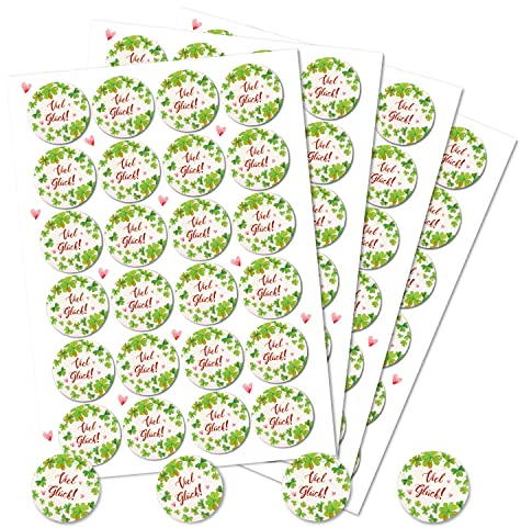 Logbuch-Verlag 96 Viel Glück Aufkleber grün weiß Ø 4 cm - runde Sticker Kleeblatt Herz Silvester Neujahr Geschenk Verzierung