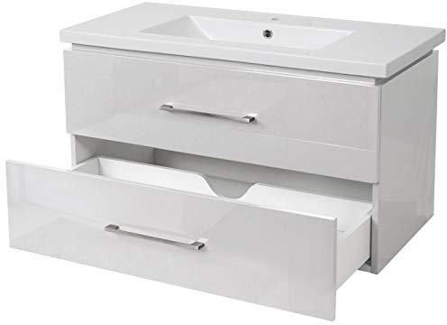 Mendler Premium Waschbecken + Unterschrank HWC-D16, Waschbecken Waschtisch, Hochglanz 90cm - weiß