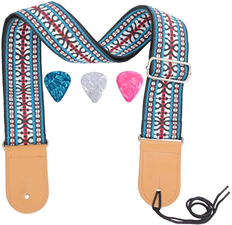 Rufun Gitarrengurt Retro Jacquard Weave Zubehör Einstellbare Länge für Basse E-Gitarre Akustische Gitarre, 3 Picks enthalten (Blau)