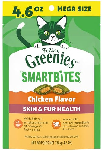 Greenies Cat Treats, Feline Smartbites, Skin & Fur Health, Crunchy and Soft Cat Treats, Chicken Flavor, 4.6 oz. Pack