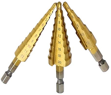 Mengshen Broca Escalonada 3 Piezas 3-12mm / 4-12mm / 4-20mm, HSS Brocas Metal Recubierto de Titanio Herramienta de Perforación Multifuncional Caña Hexagonal