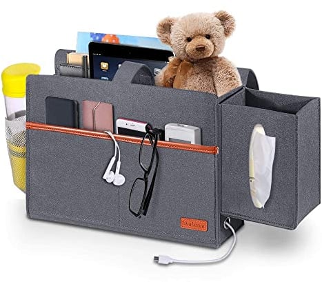 SIMBOOM Bett Tasche Filz Organizer, Bettablage Aufbewahrungstasche mit Tücherbox und Flaschenhalter Anti-Rutsch Nachttisch-Caddy für Buch, Zeitschriften, iPad, Handy, Fernbedienung - Blau Grau