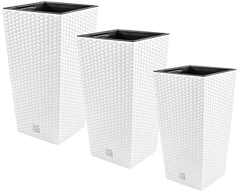 PAFEN Lot de 3 Paniers Plantes Pots de Fleurs Exterieur 3 en 1 Aspect Rotin avec Insert Blanc