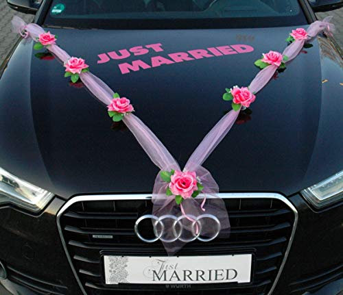 Just Married - Ghirlanda decorativa per auto con motivo a forma di coppia di rose, ideale come decorazione per auto, per matrimoni e auto