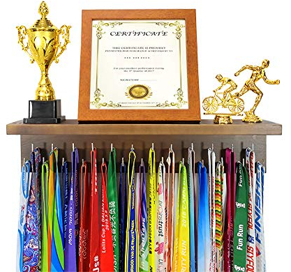 Premium Holzmedaillenhalter mit 18 Trophäenregalen.Perfektes All-in-1-Regal mit 25 Stück Stahlhaken.Wandhalterung Medaillenhalter für Sportliebhaber Geschenk