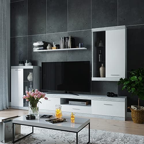 Homely - Mueble de Salón Modular EsCanar 245 cm | Conjunto 4 Muebles | Completo | Mueble para Televisión + Mueble Bajo + Mueble Alto + Estantería Alta | Color Gris Cemento y Blanco