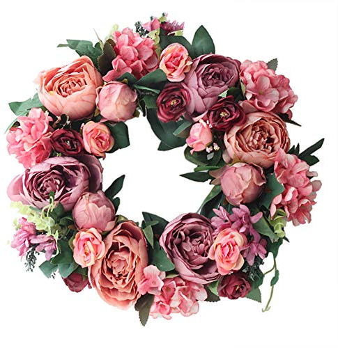 HooAMI Künstliche Türkranz Deko Kranz Dekorative Blumenkranz Wandkranz Für Frühling Sommer Alle Jahreszeiten Wanddekoration Hochzeitsfeier Festival Dekor(Dunkelrosa)