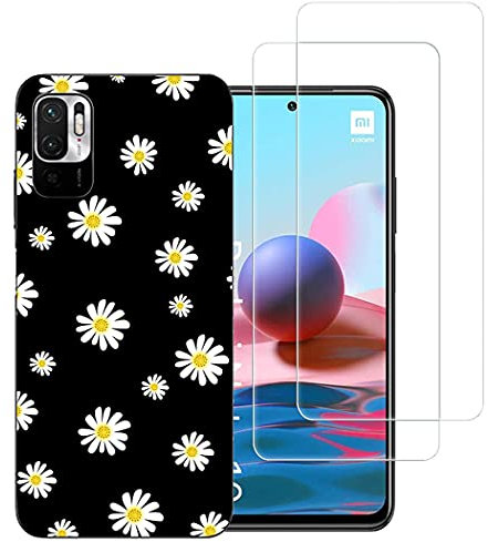 NOVAGO Compatible avec Xiaomi Redmi Note 10 5G/Poco M3 Pro/Poco M3 Pro 5G - Pack 2 en 1-Coque Souple Solide Anti Choc avec Impression + 2 Films Protection écran Verre trempé résistant(Fleurs Noires)
