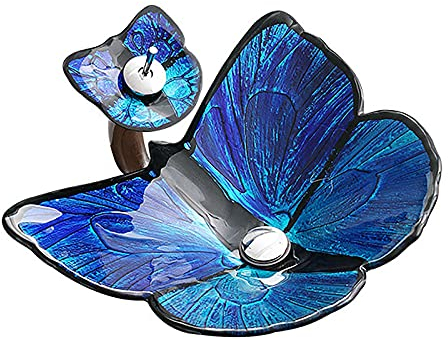 SHUGUANG Lavabo de Vidrio Templado, Lavabo Cristal Templado Forma de Mariposa Lavamanos Cristal Baño, Lavabo sobre Encimera para Baño con Grifo de Cascada, Drenaje de Agua, 620×450×155mm,Azul
