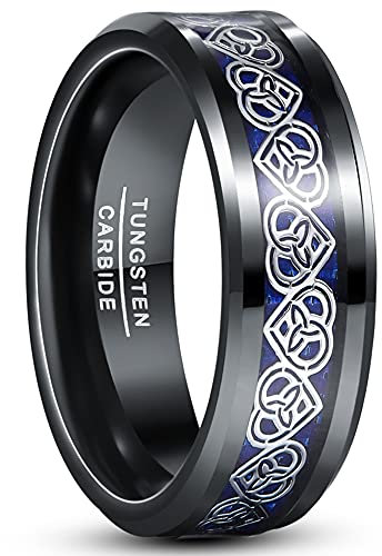 TUNGSTORY Wolfram Herz Ring Herren 8mm Blau-Schwarz Ring Keltischer Schmuck Männer Ehering Größe 67.2(21.4)