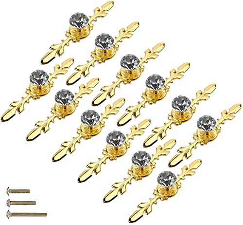 ESreake 12 Pack Gold Large Sized Enlarged Diamond Clear Crystal Glass Knobs with Plate,Cabinet Cupboard Door Knobs Pull Handles with Screws for Kitchen Office Decoration (12 Pack, Large, Golden)
