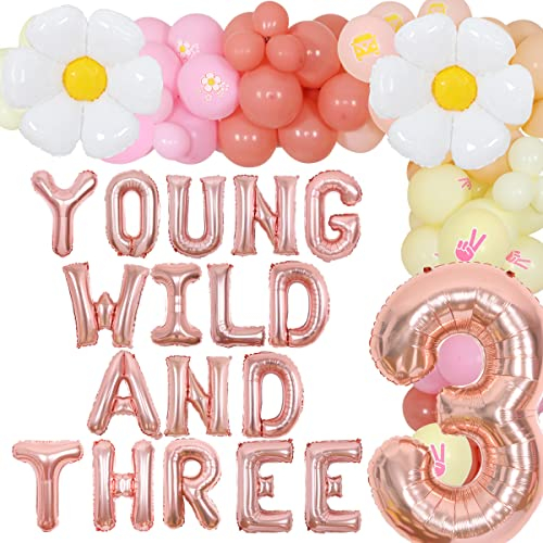 JOYMEMO Groovy Party-Dekorationen zum 3. Geburtstag, junge Wild- und drei Gänseblümchen-Blumen-Luftballons, Girlande-Kit, Retro-Boho-Mädchen,