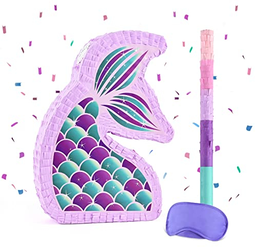 WERNNSAI Piñata Sirena - Piñata Cumpleaños Sirena Niñas Plegable con Cordón Palo y Antifaz Decoración Morada Fiesta Submarina Verano Juego Fiesta en la Piscina Oceánica (42x30x7.6cm)