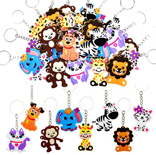 Luccyle 64 Pezzi Mini Portachiavi,Portachiavi con Animali dei Cartoni Animati,Giungla Gadget Compleanno Bambini,Regali dei Bambini Premio,per Safari Animali Festa Compleanno Bomboniere Bambini