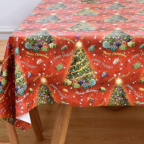 Yofori Tischdecke Weihnachten, 180x137cm PVC Weihnachts Tischdecke Abwischbar Rot Tischdecken Wasserabweisend Weihnachtstischdecke Rechteckig für Esstisch (Weihnachtsbäume)