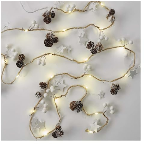 EMOS Guirnalda de Navidad con 20 LED y piñas, guirnalda decorativa de 170 cm, función de temporizador de 6/18 horas, funciona con pilas (2 pilas AA), duración de la luz 10.000 h, IP20 para interiores