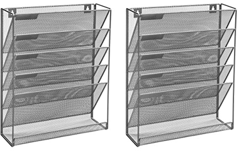 OSCO Wiremesh 5-Tier Magazine Rack, High-Density Wire Mesh Storage Unit with Wall-Mount or Freestanding Option for Files, Magazines & Binders, Desk or Wall Use, 2 Pack, Silver
