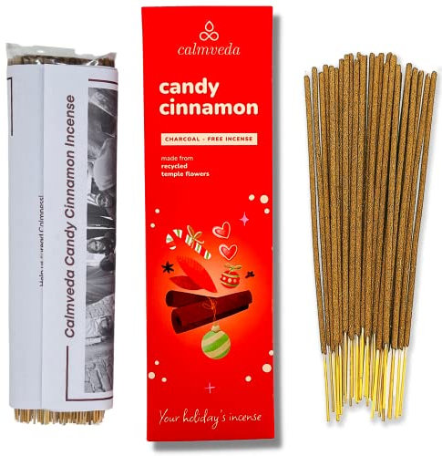 Calmveda Candy Zimt räucherstäbchen Weihnachten - (80 weihrauch Bio) Würziger, cremiger Vanille- und aromatischer Tangerine - Räucherstäbchen | Räucherstäbchen Set, hergestellt aus Upcycled-Blumen